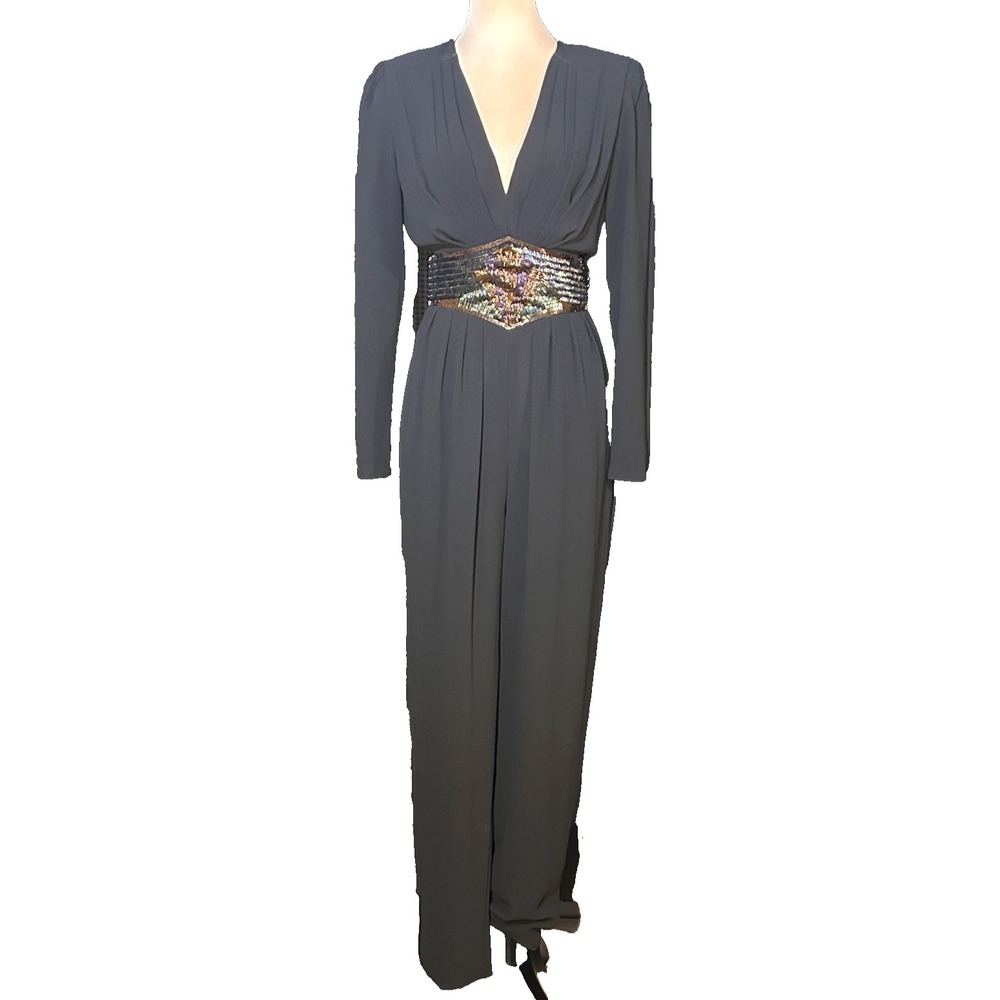 Vtg Casadei Womens Jumpsuit Black Belt Waist Sequins & Beads Retro 1980s Sz 10